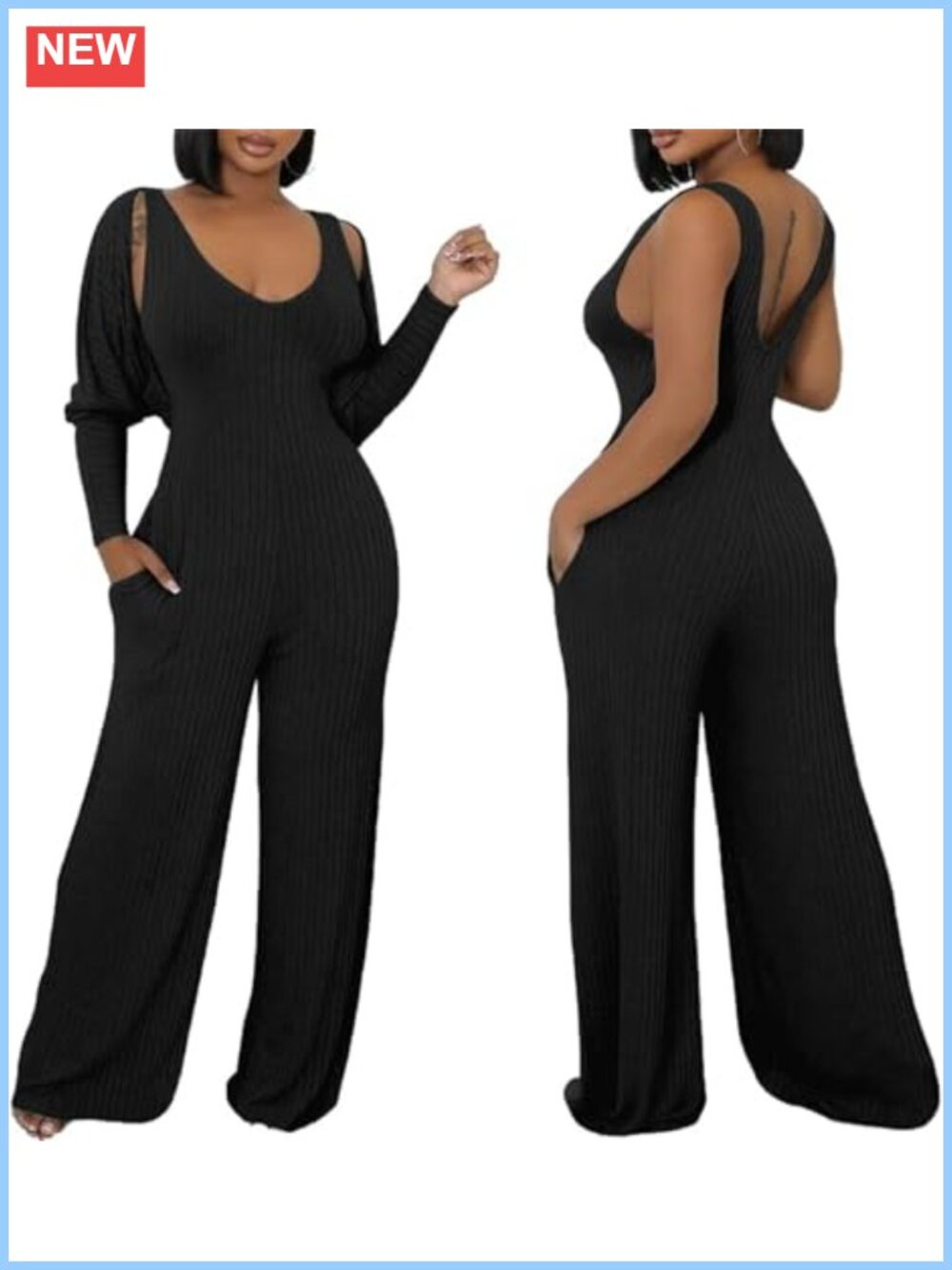 Ribbed Knit 2 Piece Jumpsuit Set Wide Leg Sleeveless with Long Sleeve Cardigan